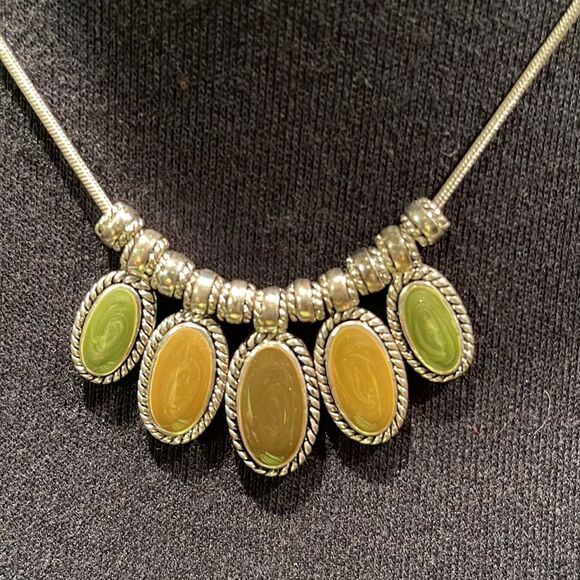 Kenneth Cole (KC) silver trusted edge oval green/brown/caramel stone necklace - Picture 2 of 5